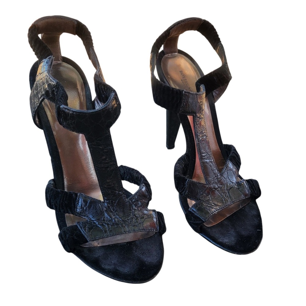 Bottega Veneta Black Croc Embossed Velvet T-Strap Stiletto Heels Sandals Size 37